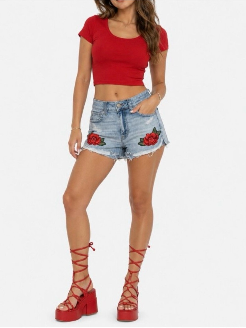 American Eagle Womens Denim Shorts Size 2 Blue Red Rose Embroidery Stretch